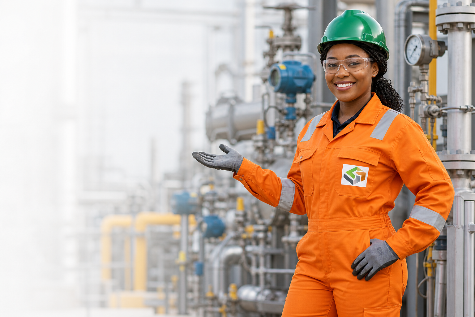Smiling G-Desire oil and gas worker in full safety kit welcoming visitors